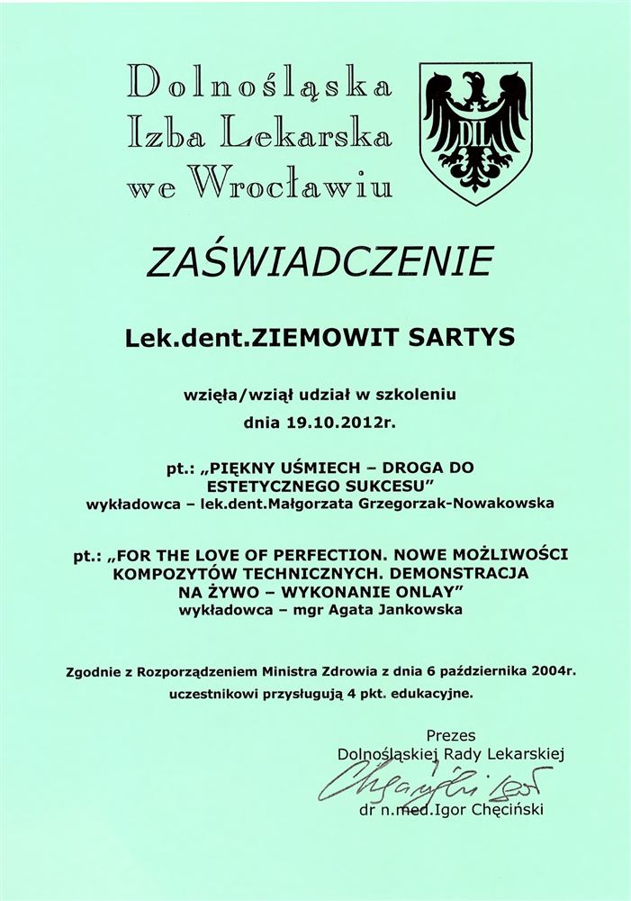 Certyfikat — lek. stom. Ziemowit Sartys