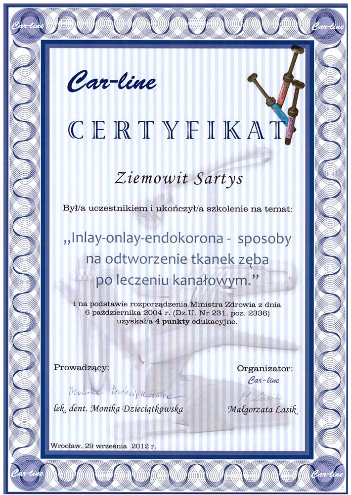 Certyfikat — lek. stom. Ziemowit Sartys