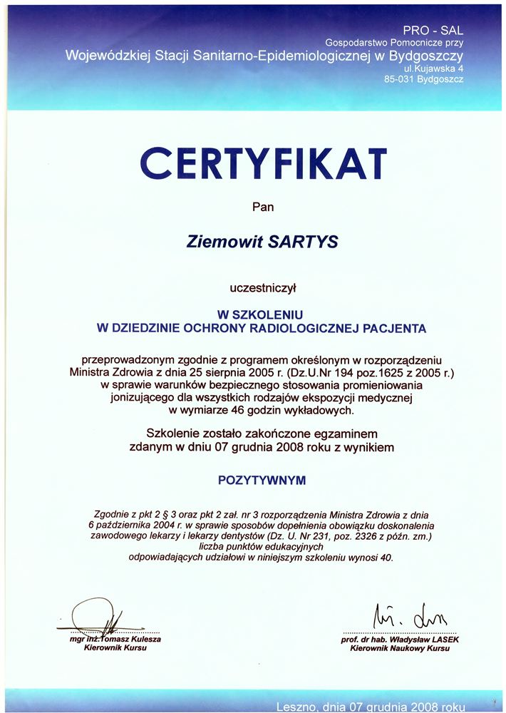 Certyfikat — lek. stom. Ziemowit Sartys