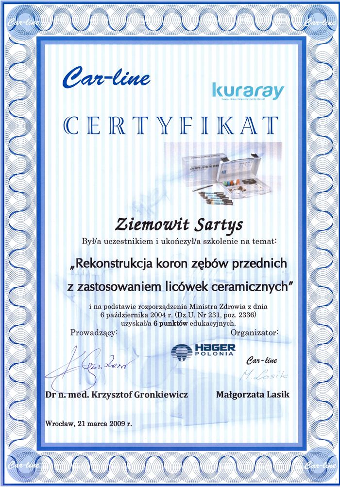 Certyfikat — lek. stom. Ziemowit Sartys