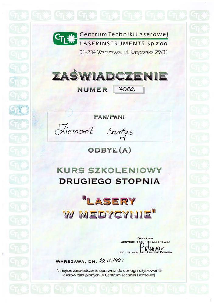 Certyfikat — lek. stom. Ziemowit Sartys