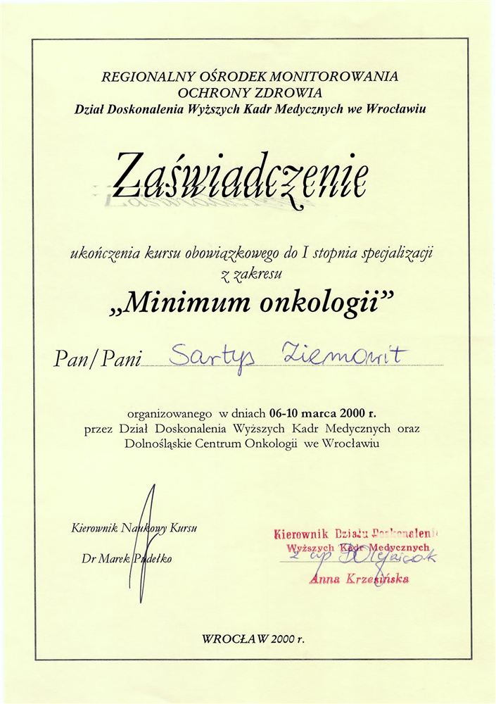 Certyfikat — lek. stom. Ziemowit Sartys