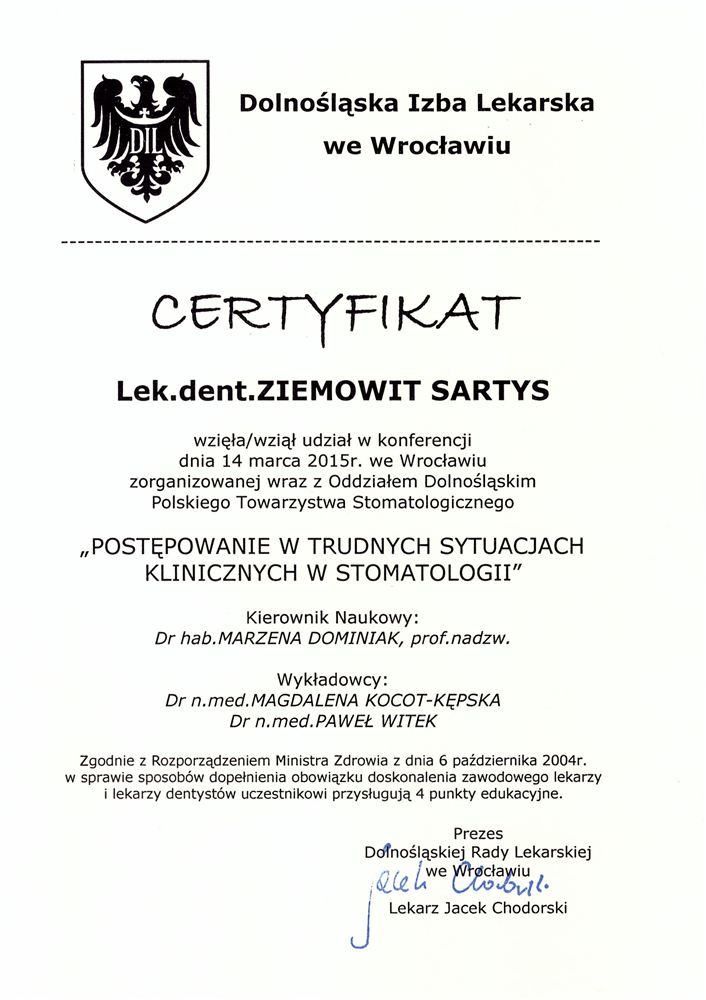 Certyfikat — lek. stom. Ziemowit Sartys