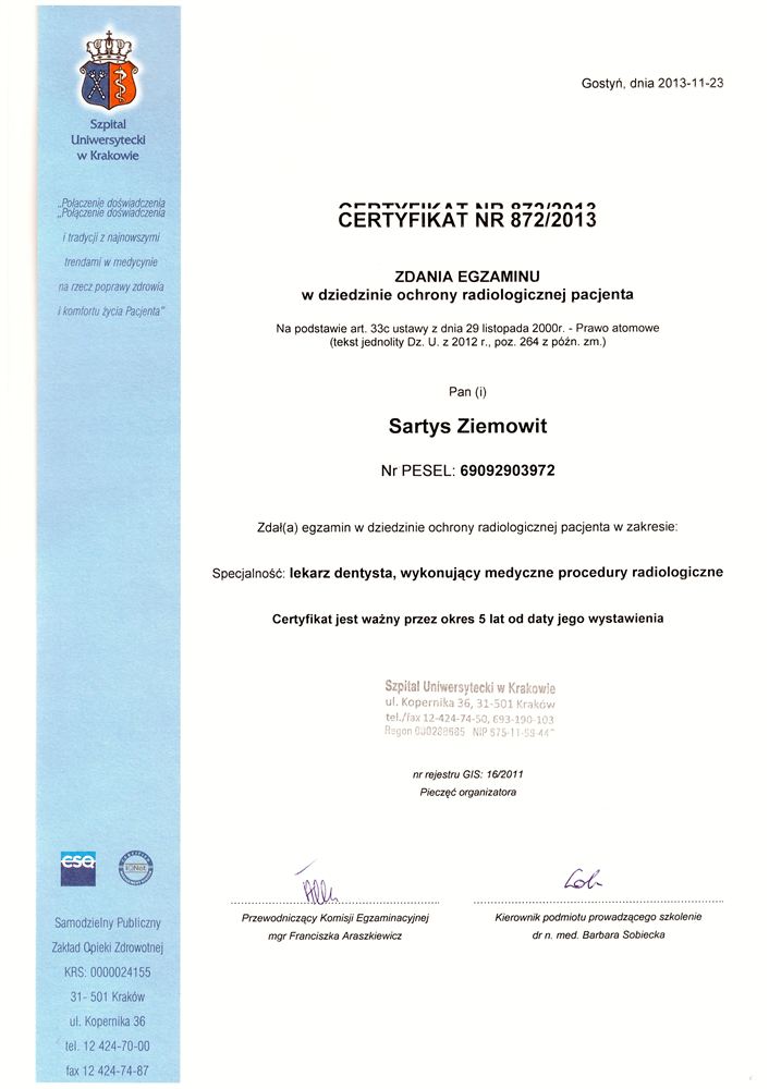 Certyfikat — lek. stom. Ziemowit Sartys