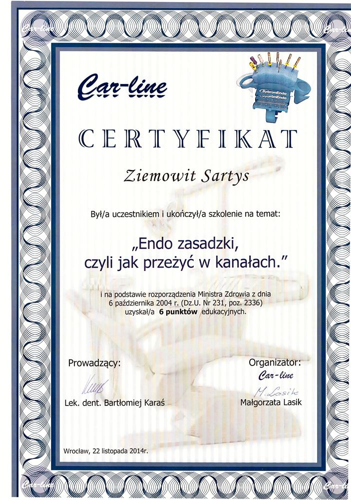 Certyfikat — lek. stom. Ziemowit Sartys