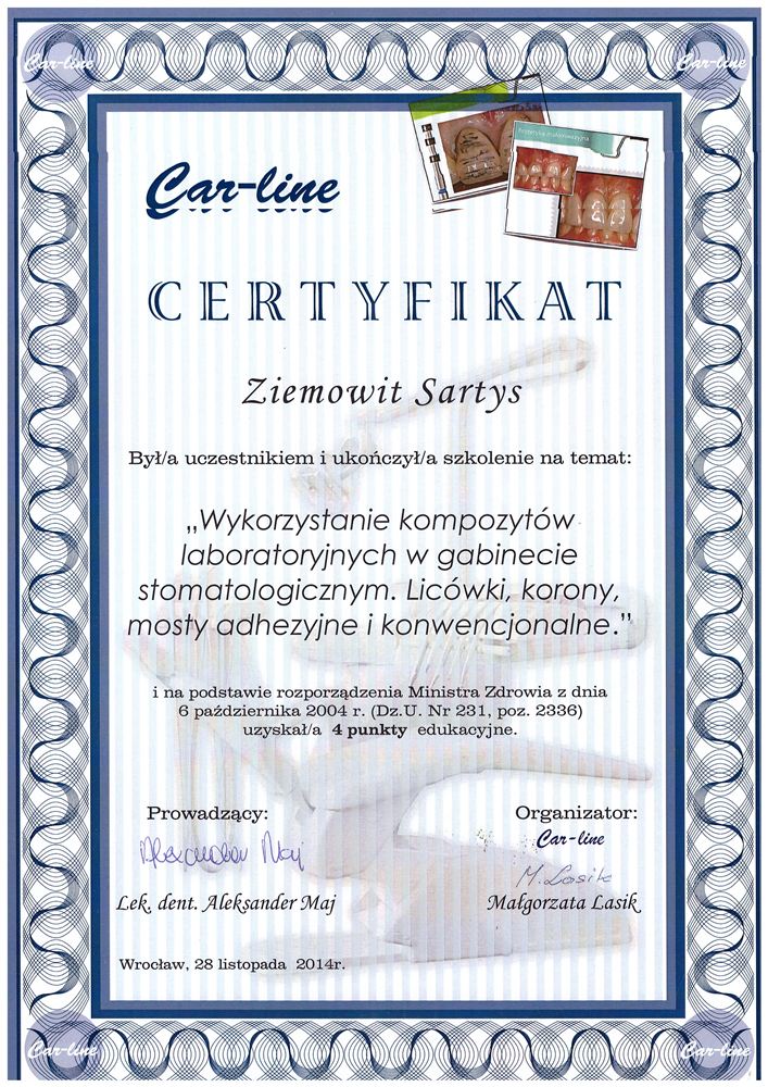 Certyfikat — lek. stom. Ziemowit Sartys