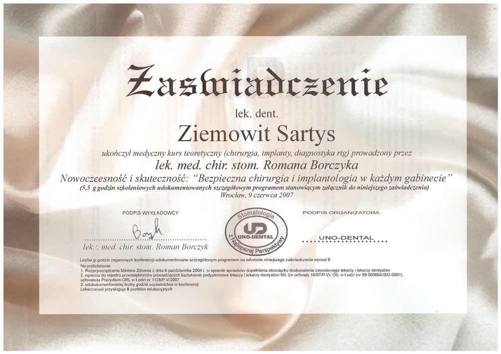 Certyfikat — lek. stom. Ziemowit Sartys