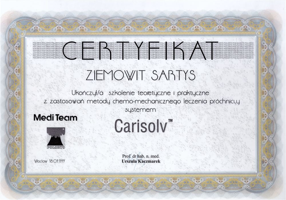 Certyfikat — lek. stom. Ziemowit Sartys
