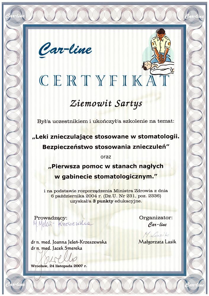 Certyfikat — lek. stom. Ziemowit Sartys