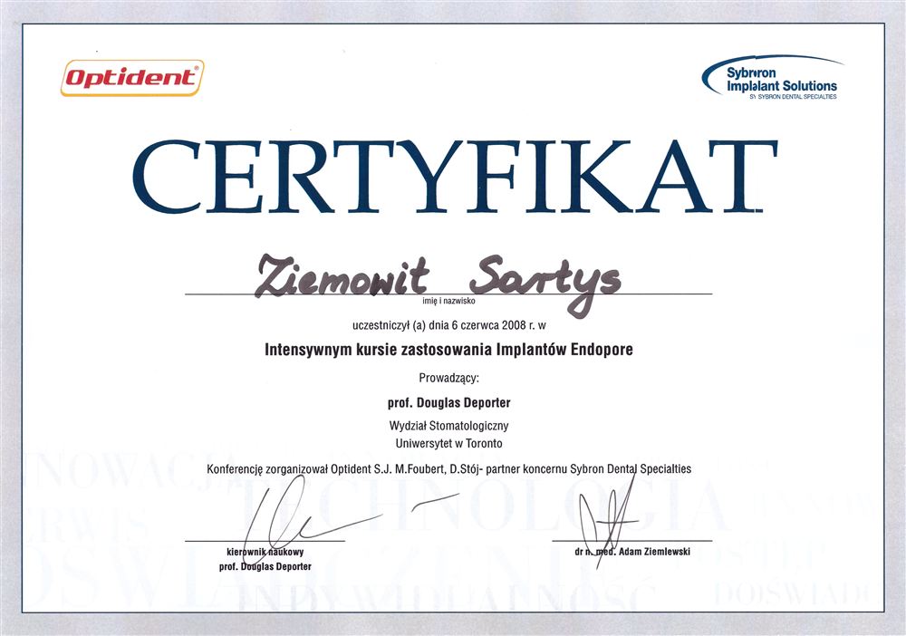 Certyfikat — lek. stom. Ziemowit Sartys