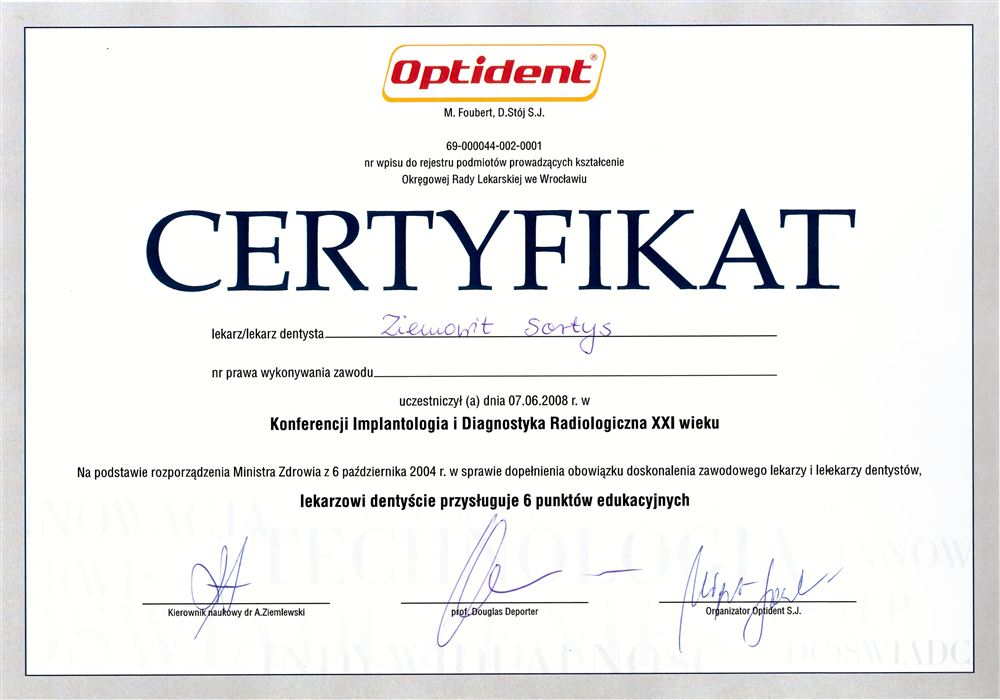 Certyfikat — lek. stom. Ziemowit Sartys
