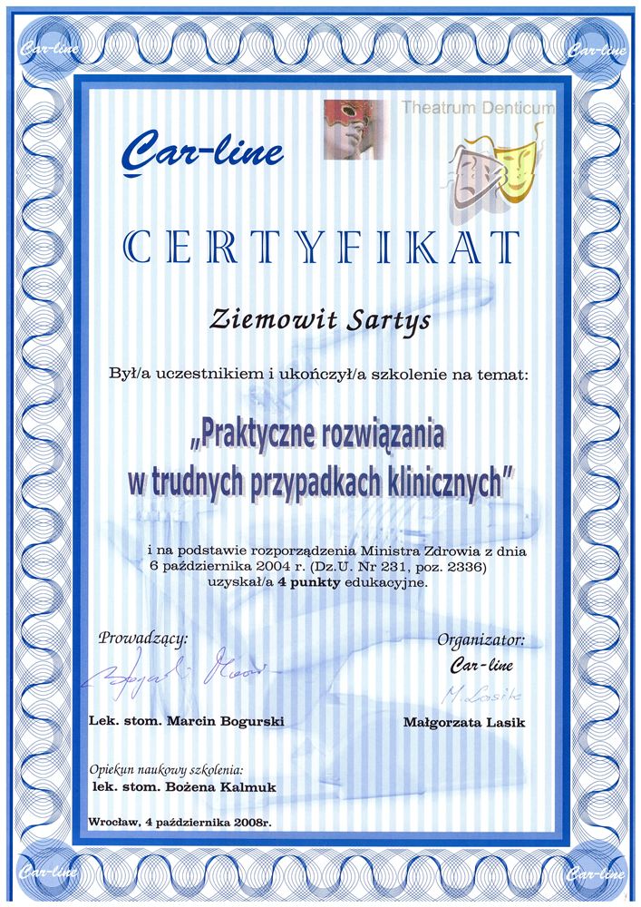 Certyfikat — lek. stom. Ziemowit Sartys