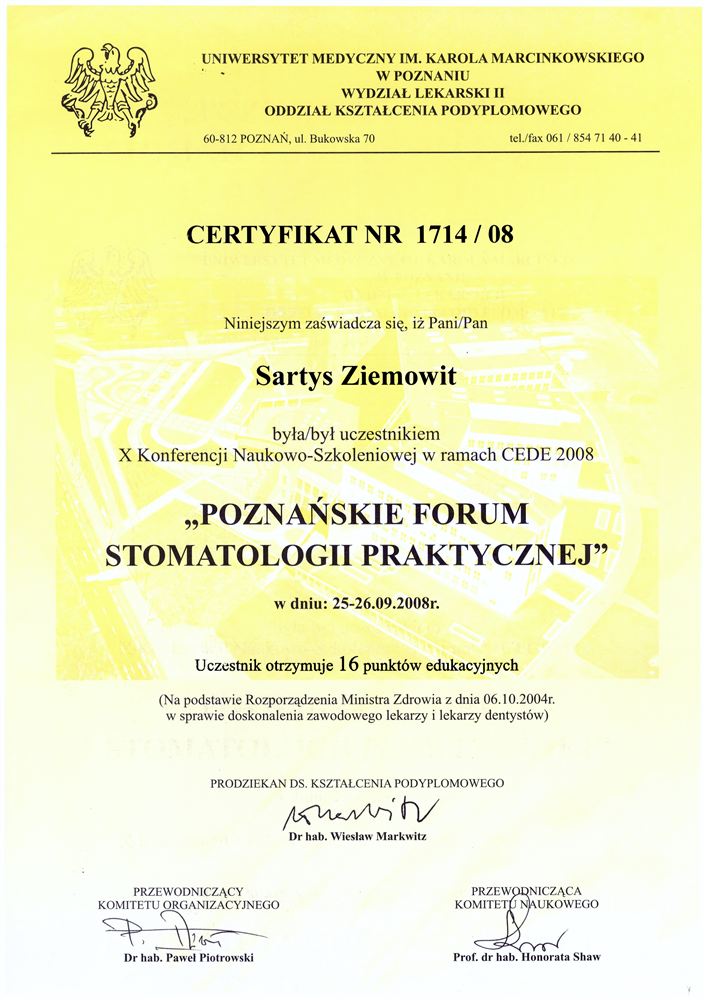 Certyfikat — lek. stom. Ziemowit Sartys