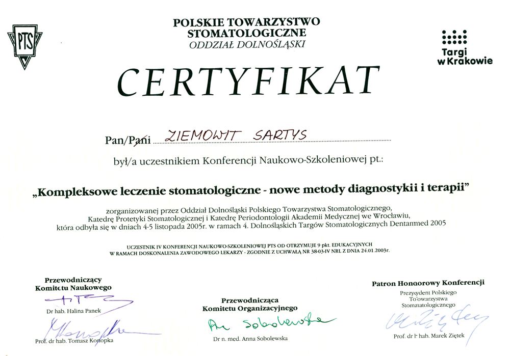 Certyfikat — lek. stom. Ziemowit Sartys