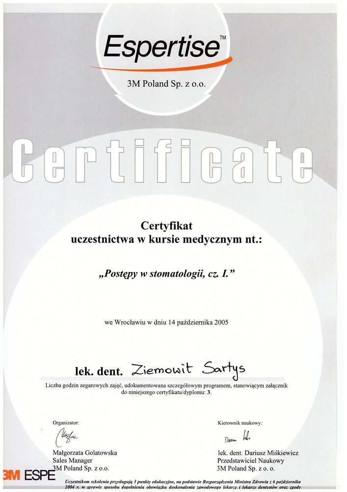 Certyfikat — lek. stom. Ziemowit Sartys
