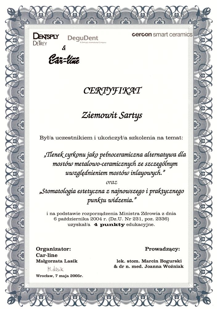 Certyfikat — lek. stom. Ziemowit Sartys