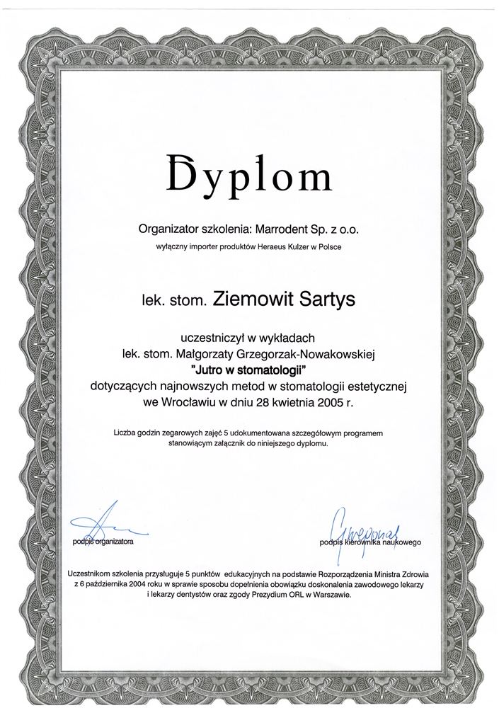 Certyfikat — lek. stom. Ziemowit Sartys