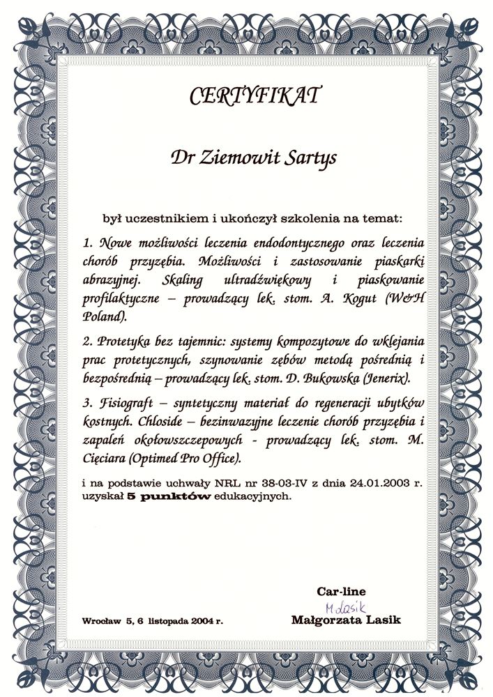 Certyfikat — lek. stom. Ziemowit Sartys