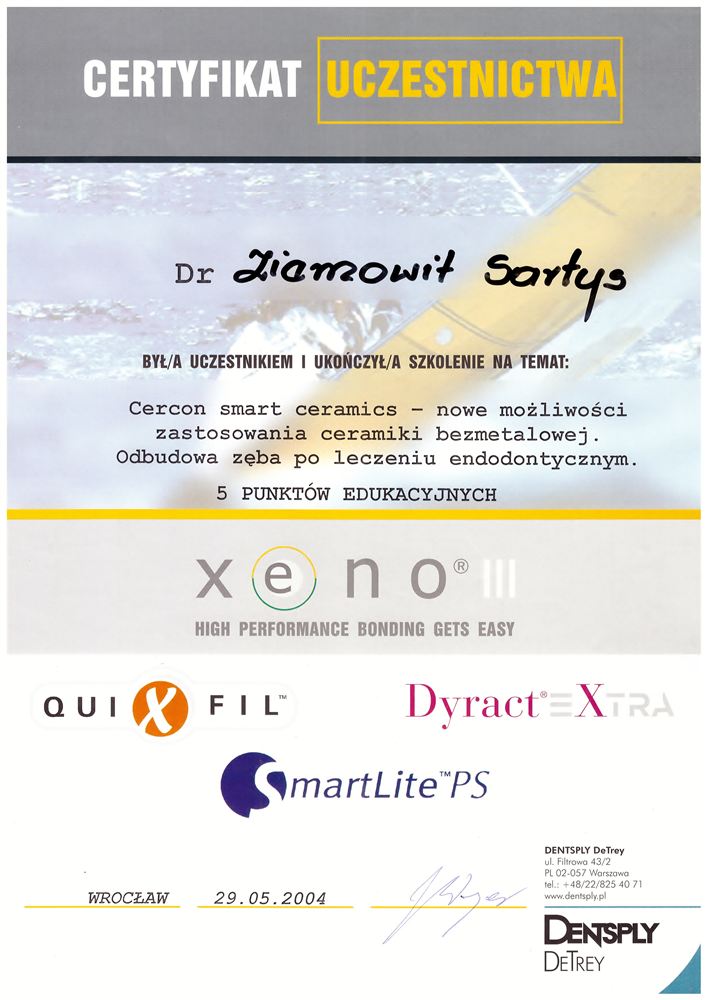 Certyfikat — lek. stom. Ziemowit Sartys