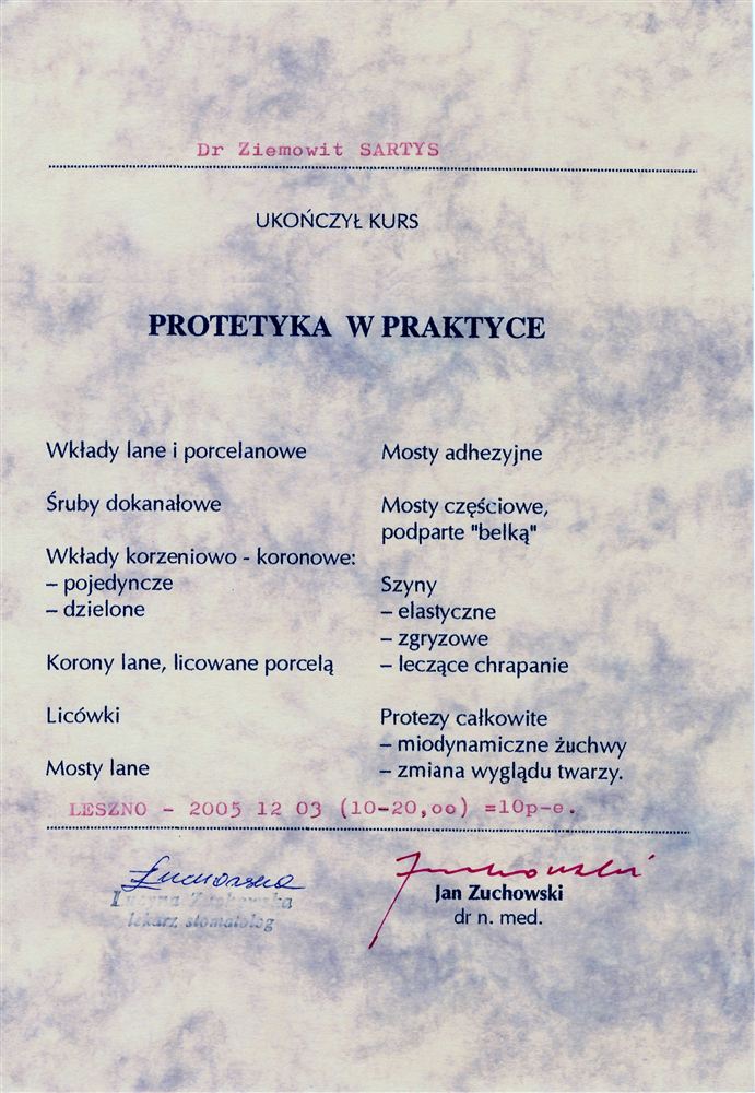 Certyfikat — lek. stom. Ziemowit Sartys
