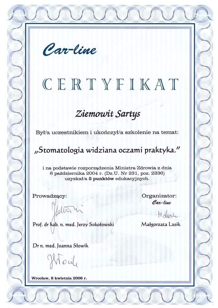 Certyfikat — lek. stom. Ziemowit Sartys