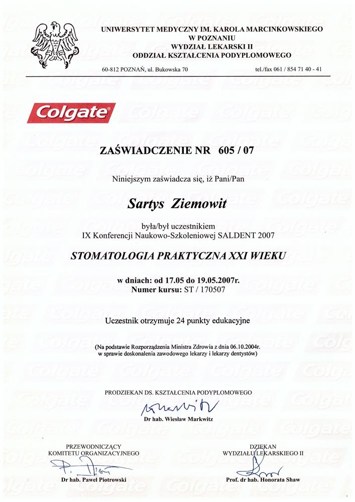 Certyfikat — lek. stom. Ziemowit Sartys