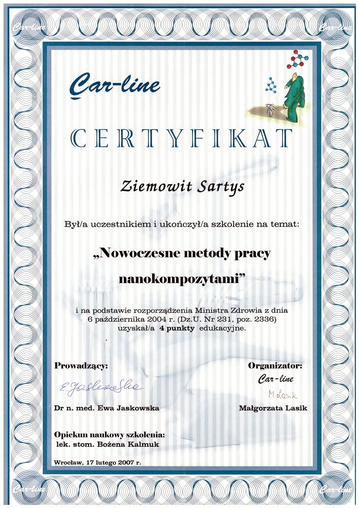 Certyfikat — lek. stom. Ziemowit Sartys